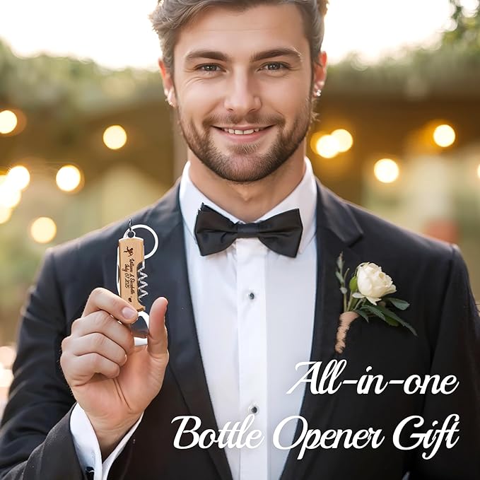10PCS Personalized Wooden Multifunctional Bottle Opener, Customized Favors Gifts for Wedding Birthday Party, Engraved Bottle Opener Keychains for Guest