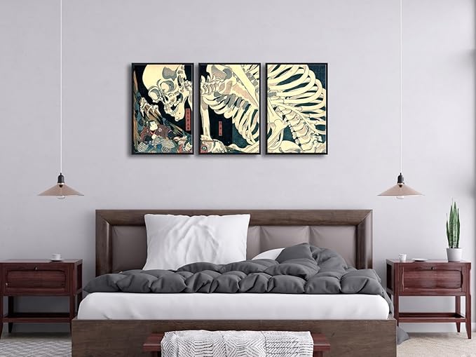 Wieco Art Black Framed 3 Piece Witch and Skeleton Ukiyo-E by Utagawa Takiyasha Historic Cultural Illustrations for Living Room Bedroom Home Decorations Artwork