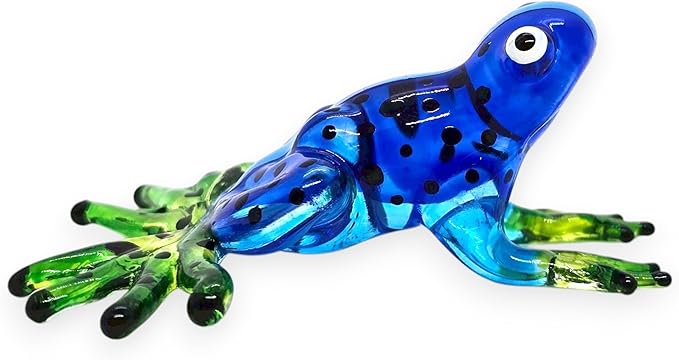 WitnyStore 2⅛" Blue Black Dot Frog Artistic Blown Glass Figurine Premium Hand-Blown Statue Tabletop Decoration Unique Collectible for Adult Collectors Handcrafted Elegant Home Room Decor