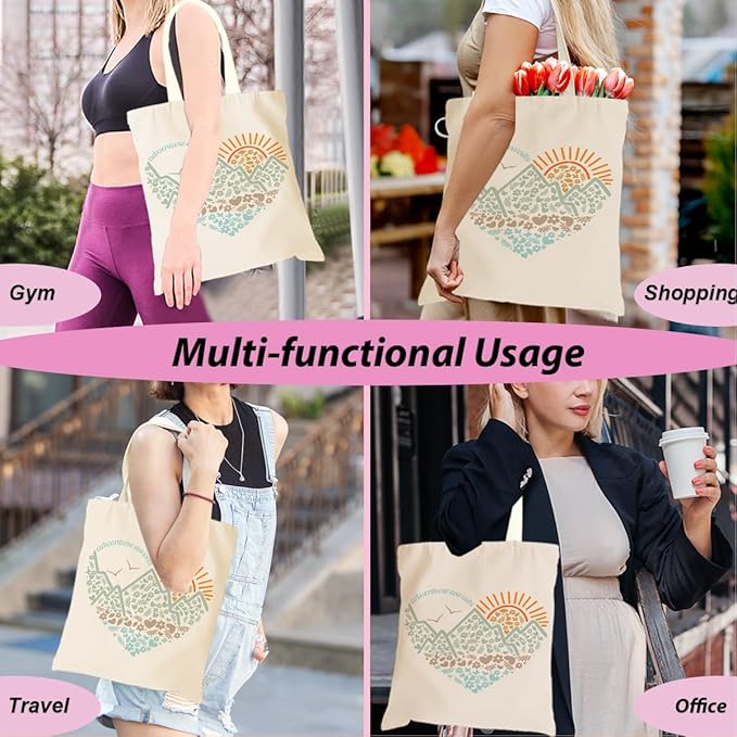 jeilink Cute Mountain Adventure Sunshine Canvas Tote Bag Camping Gifts Weekender Grocery Bags for Women Girls