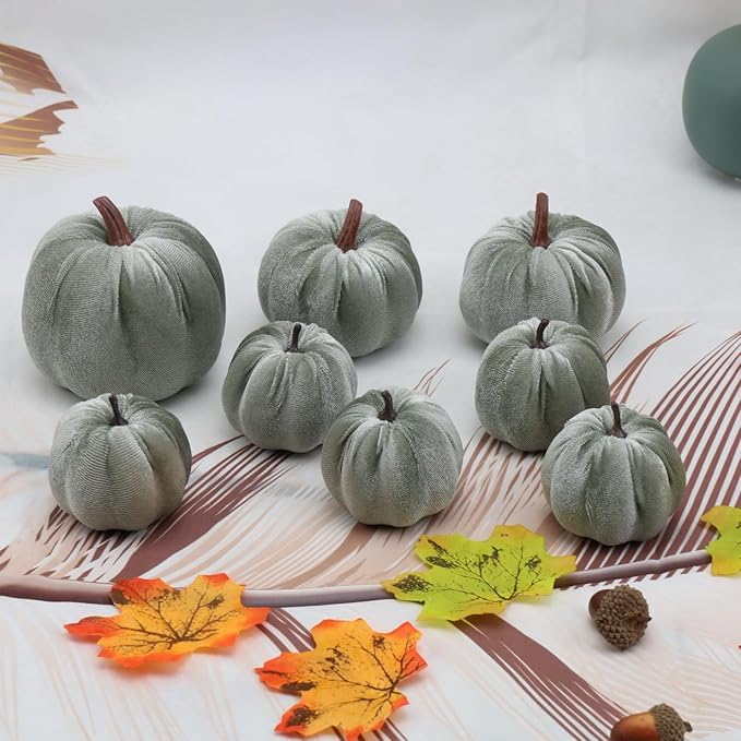 Woration 8pcs Fall Pumpkin Home Lake Green Décor Rustic Artificial Fake Velvet Fabric Pumpkins Harvest Thanksgiving Kitchen Farmhouse Wedding Festival Decorations