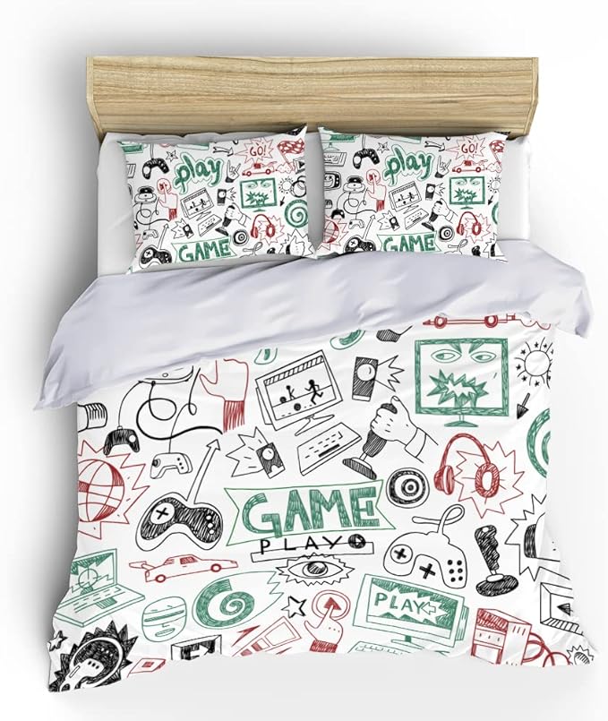 Game Comforter Sets for Boys Teen Twin Size,Kids Video Games Bedding Set Sketch Style Athletic Racing Game Design Bedroom Home Decor