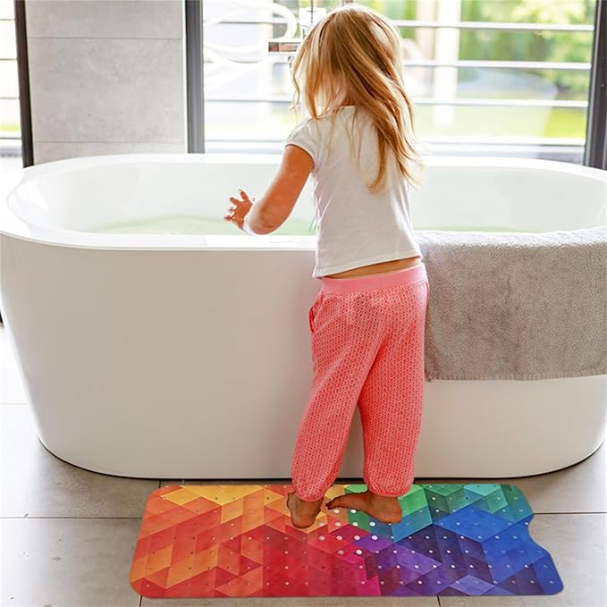Rainbow Bathtub Mat Non Slip for Kids 40x16 Extra Long Geometry Modern Art Bath Mat for Tub Anti Slip 3D Cubic Abstract Bath Shower Mat with Large Drain Holes and Suction Cups Colorful Bathroom Decor