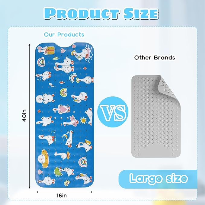 Baby Bath Mat for Tub Non Slip Kids Bathtub Mat Extra Long 40X16 Inch Toddler Bath Tub Shower Mat Anti Slip with Suction Cups & Drain Holes, Machine Washable (Go Ducks)