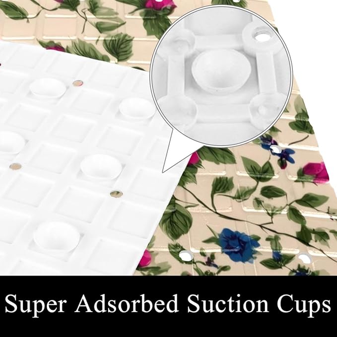 Small Cute Flowers on Beige Baskground Bath Tub and Shower Mats, Non Slip Bathmat with Drain Holes and Suction Cups for Bathroom Floor, 15.1 x 26.8 Inch