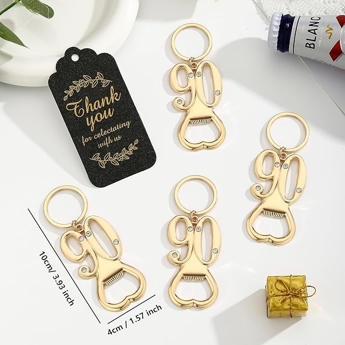 24 pcs 90th Gold Keychain Bottle Opener Birthday Party Favors for Guests,90th Beer Bottle Opener Favors Bulk for Birthday Anniversary Souvenirs Party Decor Supplies (Gold 90th)