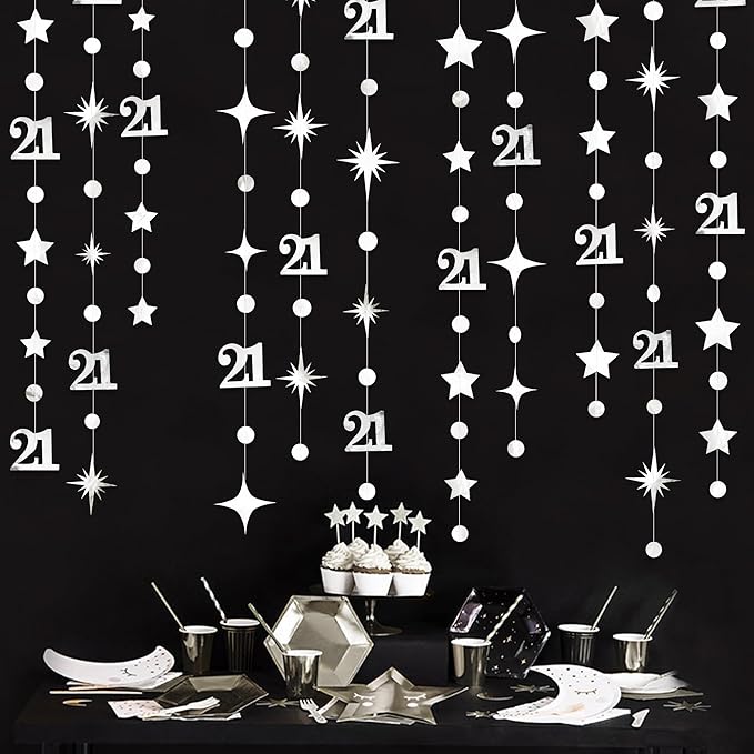 Silver 21st Birthday Decorations Number 21 Circle Dot Twinkle Star Garland Metallic Hanging Streamer Banner Backdrop for Girls Boys Cheers to 21 Years Finally Legal Bday 21st Anniversary Party Decor