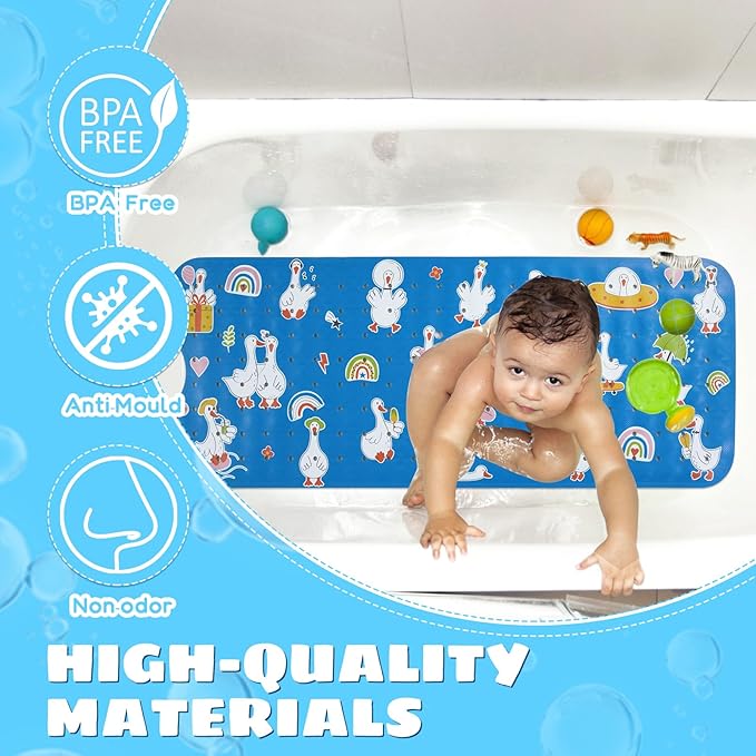 Baby Bath Mat for Tub Non Slip Kids Bathtub Mat Extra Long 40X16 Inch Toddler Bath Tub Shower Mat Anti Slip with Suction Cups & Drain Holes, Machine Washable (Go Ducks)