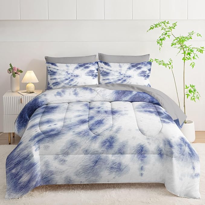 7Pcs Comforter Set Blue Tie Dye Printed Bedding Set with 1 Comforter, 1 Flat Sheet, 1 Fitted Sheet and 4 Pillowcases for Boys and Girls Bedroom All Season(Tie Dye Queen)