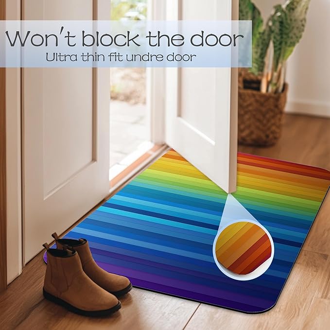 Bathroom Rug 29.5"x17", Abstract Rainbow Lines Bath Mat with Non-Slip Rubber Backing, Quick-Drying Absorbent Thin Floor Mat for Bathroom, Shower, Sink, or Kitchen