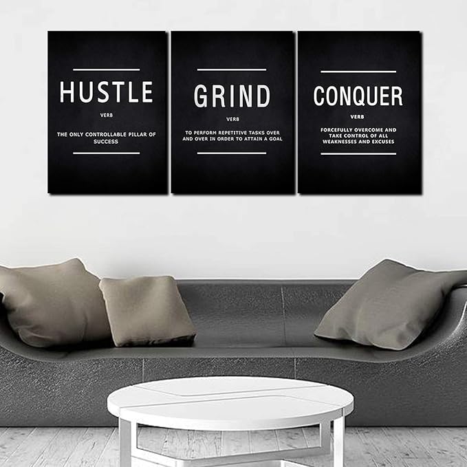 BWSPACE Large Inspirational Wall Art Office Decor Motivational Wall Art Canvas Prints Entrepreneur Bundle Set 3 Pieces Inspirational Grind Hustle Success Conquer Decorations Ready To Hang (72" W x