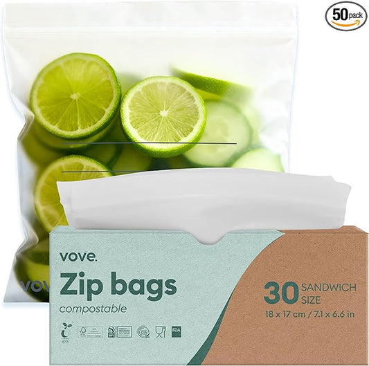 Vove Compostable Sandwich Bags, Medium 30 Count – Freezer Safe, Leak Proof, Non Toxic, Writable Surface for School Lunches & Meal Prep, Eco-Friendly