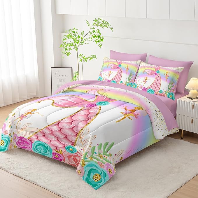 Mermaid Comforter Set Queen - 7 Piece Girls Bedding, Pink Teal Floral Bed Set, Soft Microfiber Comforter, Sheets, Pillowcases