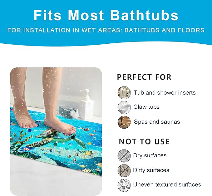 XIYUNTE Baby Bath Mat for Tub Non Slip Kids Bath Mat - 40''x16'' Extra Long Cartoon Bathtub Mat Non Slip Kids Shower Mat Eco-Friendly Toddler Bath Mats with Suction Cups, Machine Washable