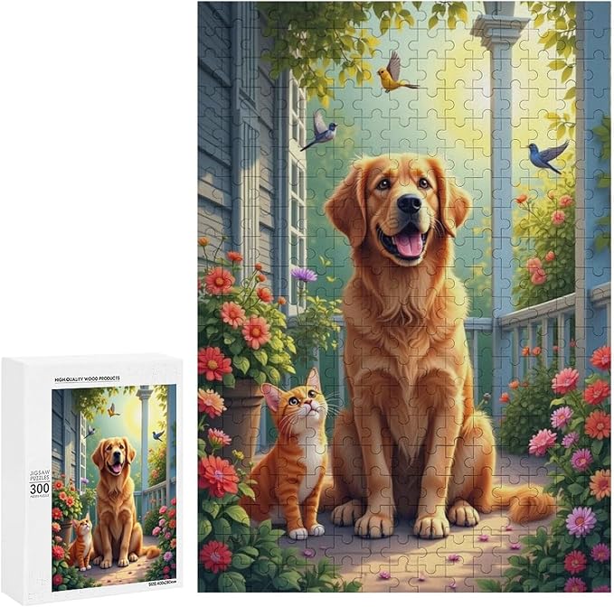 Wooden Puzzle - Garden Golden Retriever Jigsaw Puzzles，Wooden Puzzles for Adults 300 Pieces Challenge Puzzles，Educational Games，Family Puzzles，Unique Gifts for Wall Art