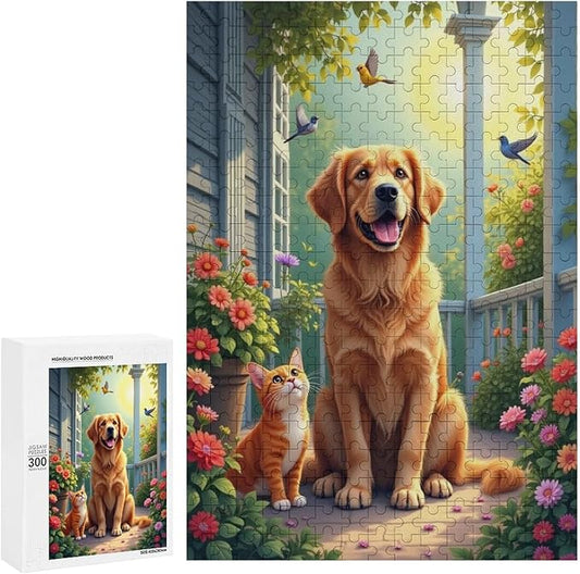 Wooden Puzzle - Garden Golden Retriever Jigsaw Puzzles，Wooden Puzzles for Adults 300 Pieces Challenge Puzzles，Educational Games，Family Puzzles，Unique Gifts for Wall Art