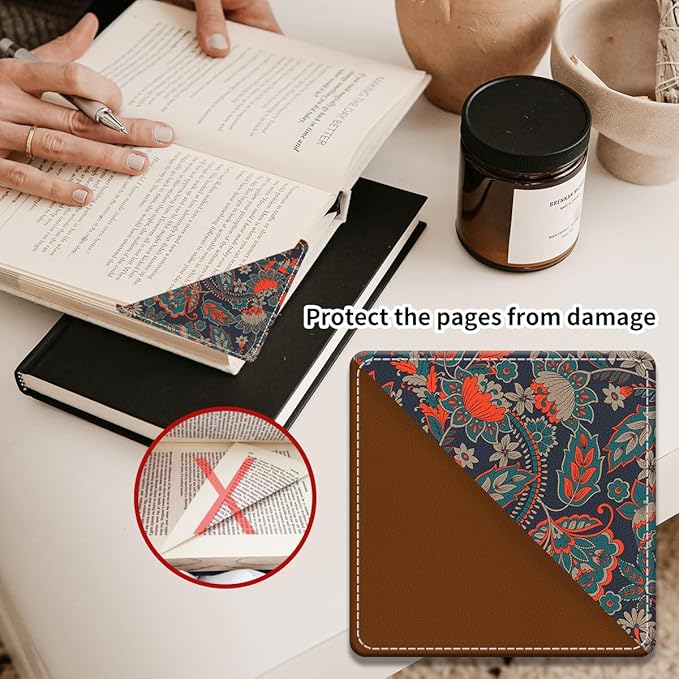 Cute Leather Bookmarks, Fun Triangle Making Corner Bookmark, Book Accessories for Reading Book Lovers, Unbreakable Page Markers for Women Men Boho Paisley Flower