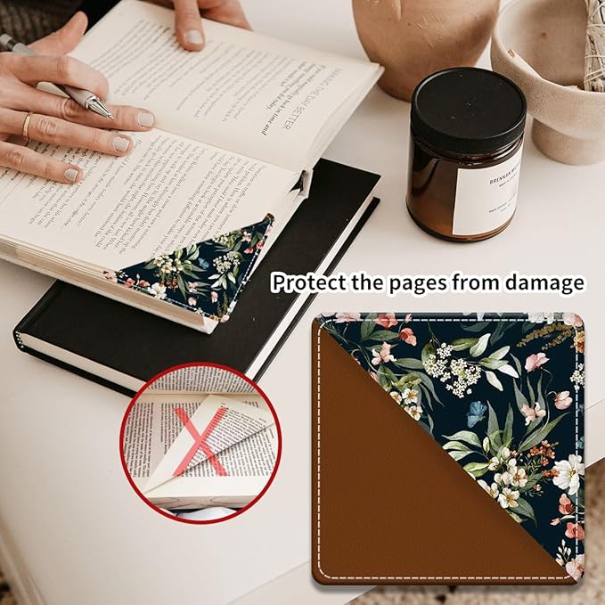 Cute Leather Bookmarks, Fun Triangle Making Corner Bookmark, Book Accessories for Reading Book Lovers, Unbreakable Page Markers for Women Men Watercolor Flower