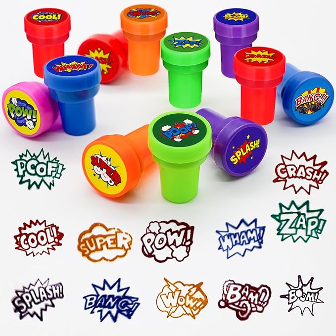Cinrobiye 24 Pcs Hero Comic Stampers for Boys Girls, Superhero Birthday Party Supplies Favors, Classroom Rewards, Carnival Prizes, Goody Bag Pinata Fillers for Hero Theme Zap Boom Bash Party