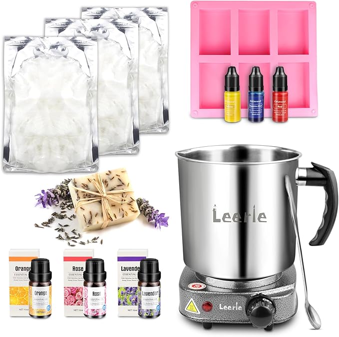 Leerie 3.6Lbs Soap Making Kit with Electronic Hot Plate, 1.6 Lb Glycerin Soap Base, Pouring Pot, Silicon Mold, Spoon,3 Essential Oils for Soap Making,3 Liquid Dyes, Melt & Pour Soap DIY Kits SMK500