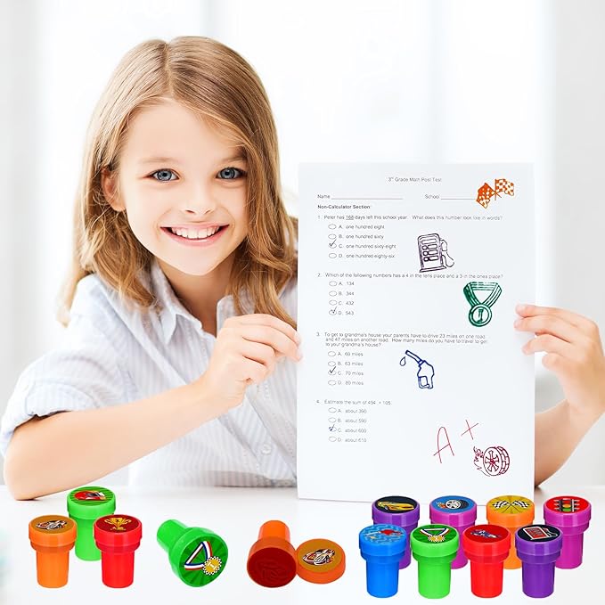 Cinrobiye 24 Pcs Race Car Stampers for Boys Girls, Racing Birthday Party Supplies Favors, Classroom Rewards, Carnival Prizes, Goodie Bag Pinata Fillers for Let’s Go Racing Checkered Flag Party