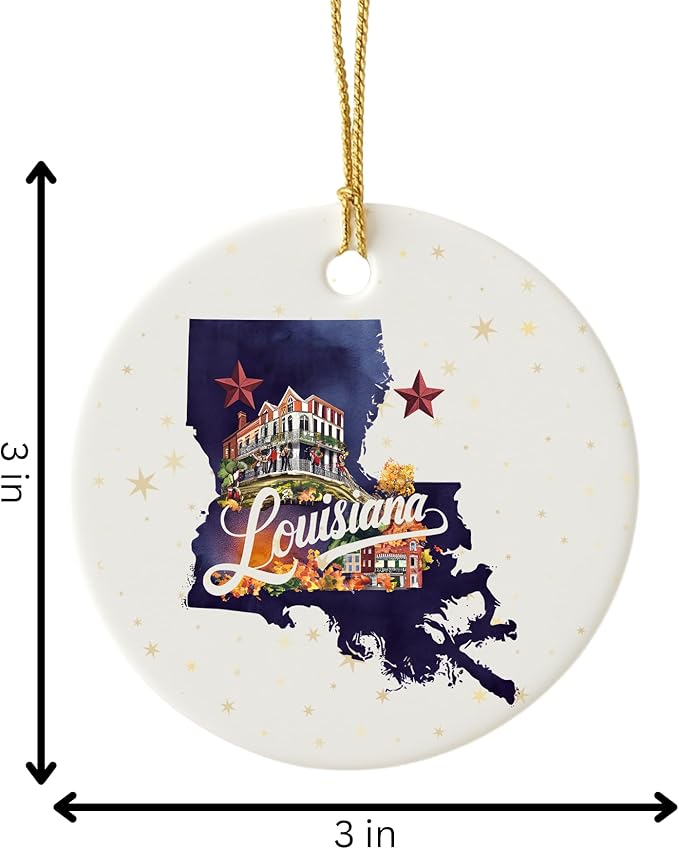 USA State Landmark Ceramic Ornament – Round Glossy Christmas Decoration Featuring U.S. State Art, Landmarks & Holiday Scenery – Collectible Travel Souvenir Ornament Series (Louisiana)