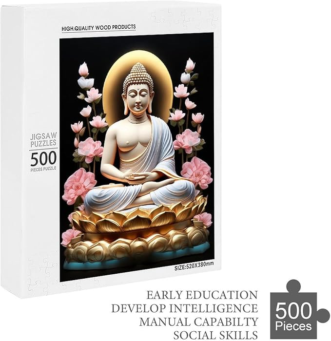 Buddha in A Golden Lotus Flower Wooden Puzzle 500 Pieces Jigsaw Puzzles for Adults Puzzle Educational Toys Challenging Fun Games Gifts for Elders Kids Family and Friends