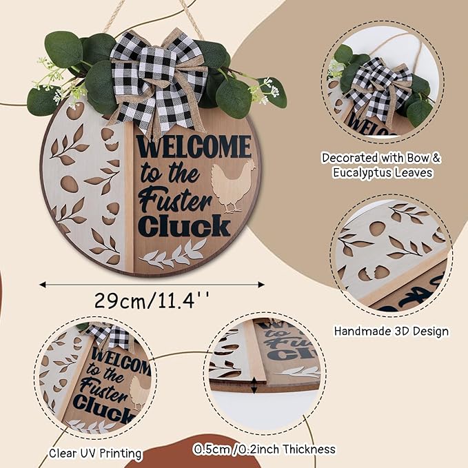 CHDITB Funny Chicken Wooden Sign, Rustic Farmhouse Wall Art Plaque, Chicken Coop Barnyard Hanging, Hen House Coop Round Sign,Welcome To The Fuster Cluck Door Hanger For Porch Outdoor Country Home Decor