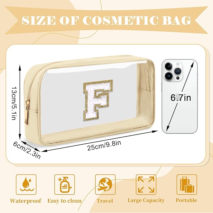 Personalized Initial Letter Clear Makeup Bag,Preppy Small Nylon&PVC Cosmetic Zipper Bag with Chenille Letter,Portable Beach Travel Skincare Toiletry Bag,Trendy Monogram Gift for Teen Girls Women,F