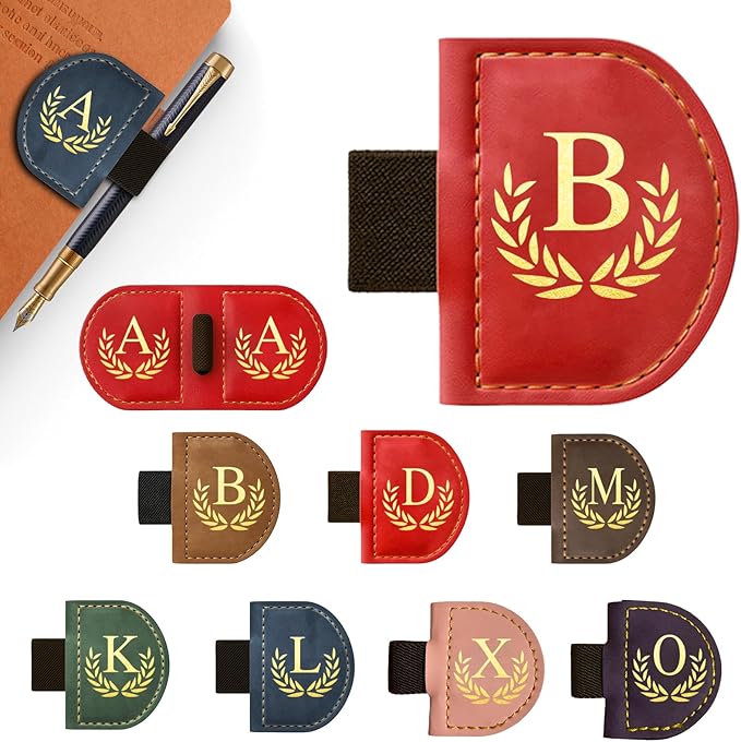Personalized Leather Magnetic Bookmark with Pen Holder, Custom Bygone Mark Bookmark with Pen Holder, Custom Bookmarks with 26 Letters for Reading Women, Men, Teachers, Book Lovers（Red，B）