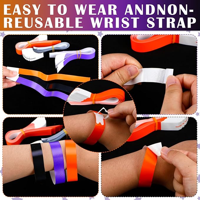 Tudomro 1200 Pack Plastic Paper Wristbands for Events Neon Party Wrist Bands Colored Waterproof Concert Identification Hand Bands Lightweight Adhesive Wristband(Purple, Orange, Black)