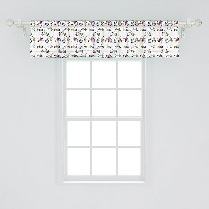 Ambesonne Bicycle Window Valance, Hand Drawn Penny-Farthing Tandem and City Bikes Colored Rims Cartoon Style, Curtain Valance for Kitchen Bedroom Decor with Rod Pocket, 42" x 12", Multicolor, White