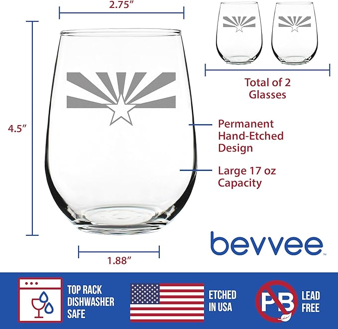 Bevvee Arizona Flag - Stemless Wine Glasses - Set of 2 - State Themed Drinking Decor and Gifts for Arizonans - Large 17 Ounce