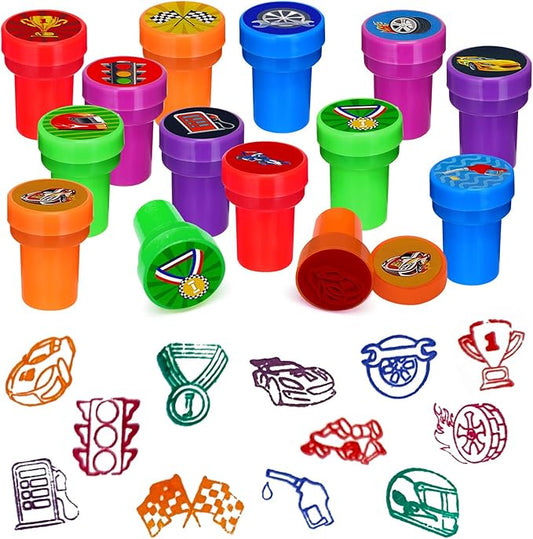 Cinrobiye 24 Pcs Race Car Stampers for Boys Girls, Racing Birthday Party Supplies Favors, Classroom Rewards, Carnival Prizes, Goodie Bag Pinata Fillers for Let’s Go Racing Checkered Flag Party