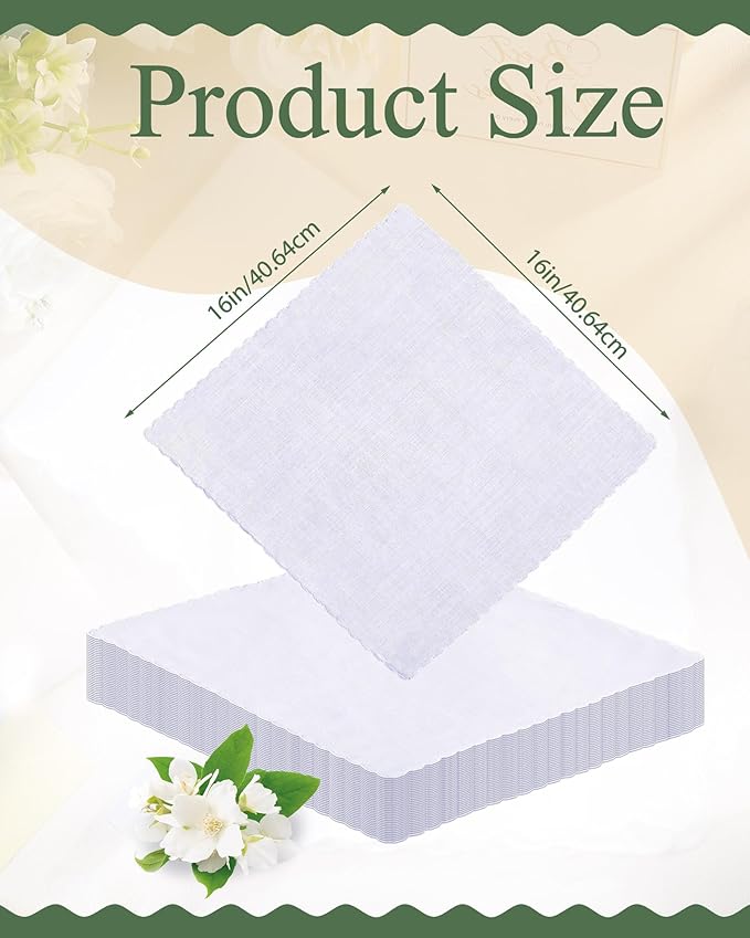 Kinlop Scalloped White Handkerchiefs for Women Men Bulk Cotton Hankies Pocket for Shower Gift Wedding Party Favor