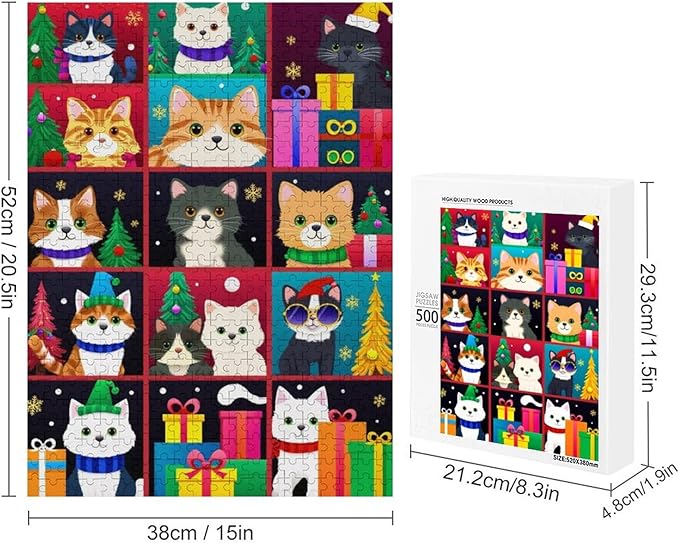 Wooden Puzzle 500 Pieces Adult - Christmas Dog Cat Puzzle Christmas Puzzles, Holiday Puzzles, Family Toys, Party Games, Jigsaw Puzzle Challenge and Funny