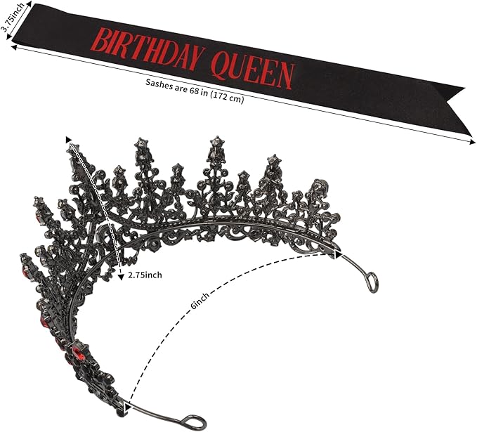 COCIDE Black Red Birthday Queen Sash for Women Happy Birthday Crowns Princess Tiaras Sashes for Girl Crystal Party Decorations Rhinestone Headband Supplies Decor