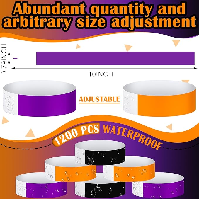 Tudomro 1200 Pack Plastic Paper Wristbands for Events Neon Party Wrist Bands Colored Waterproof Concert Identification Hand Bands Lightweight Adhesive Wristband(Purple, Orange, Black)