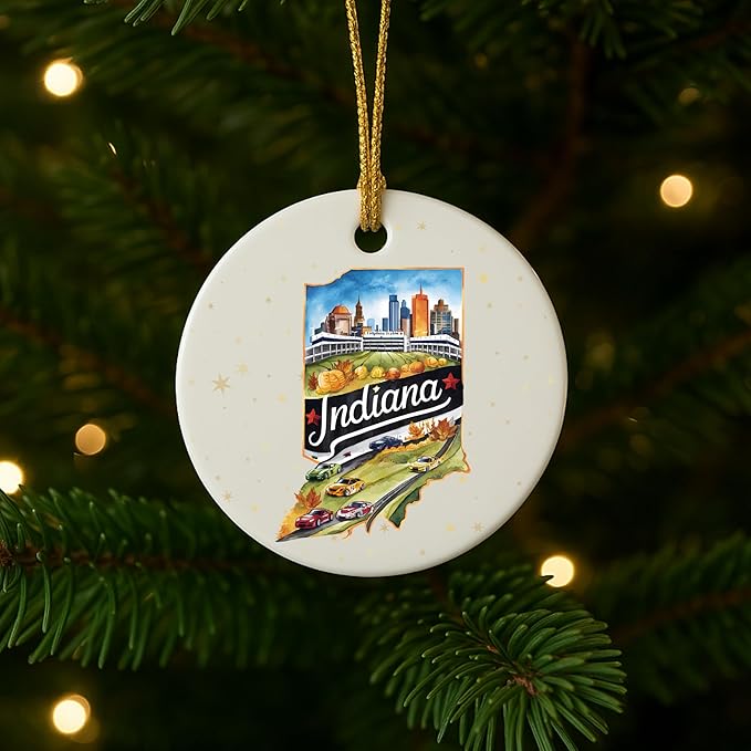USA State Landmark Ceramic Ornament – Round Glossy Christmas Decoration Featuring U.S. State Art, Landmarks & Holiday Scenery – Collectible Travel Souvenir Ornament Series (Indiana)