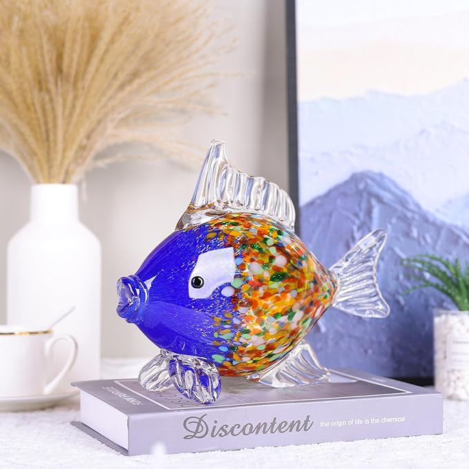 Colorful Blown Glass Fish Figurine – Blue Art Animal Sculpture for Ocean Coastal Home Decor, Handcrafted Glass Fish Ornament for Tabletop, Shelf, or Aquarium Theme Display (G)