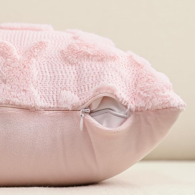 AVOIN colorlife Easter Rabbits Pink Throw Pillow Covers, 18 x 18 Inch Bunny Soft Plush Faux Fur Jacquard Cushion Case Decoration for Sofa Couch Set of 2
