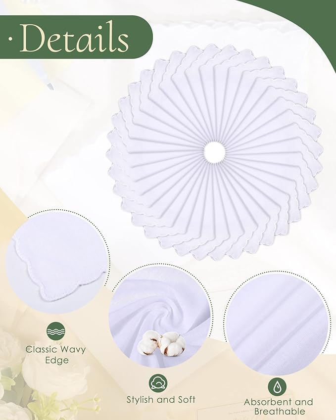 Kinlop Scalloped White Handkerchiefs for Women Men Bulk Cotton Hankies Pocket for Shower Gift Wedding Party Favor