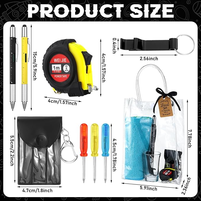Leinuosen 6 Sets Baby Shower Game Prizes for Men with Cleaning Cloth Bottle Opener Screwdriver Tape Measuring Keychain Multi Tool Pen Gift Bag Funny Baby Shower Prizes for Winner