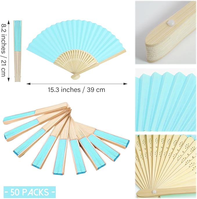 50 Piece Paper Fans - Bamboo Folding Hand Fans for Wedding Party and Home Decoration (Blue)