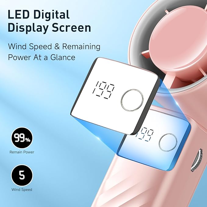 Portable Handheld Turbo Fan - Foldable Mini Fan with Air Turbo Tech, 1-199 Speed Adjustment, 20H Runtime, LED Display, Battery-Powered for Indoor/Outdoor Use Nude Pink