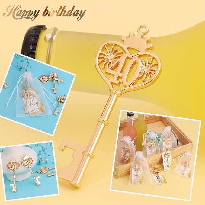 24 Sets 40 Birthday Party Favors Key Bottle Opener, 40th Beer Opener Keychain Favors for Guest with Organza Bags and Tags,Beer Keychain Bottle Openers for Birthday Party Decoration Supplies (Gold-40)