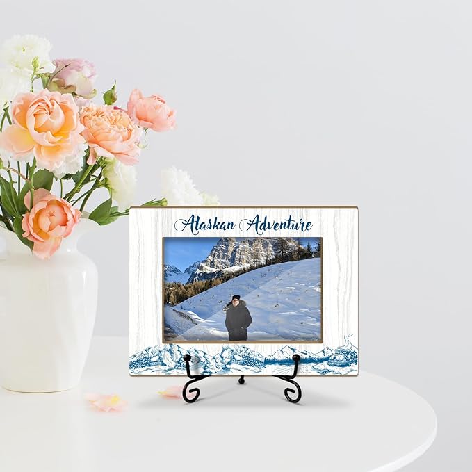 Lesixur Alaska Adventure 4x6 Photo Frame, Wooden Picture Frame with Iron Stand, Honeymoon Vacation Gifts for Friends Family Couples, Alaska Souvenirs Office Home Desk Decor Tabletop Display -049