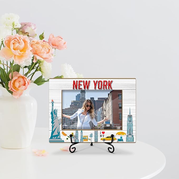 Lesixur New York 4x6 Photo Frame, Gifts for Wedding Honeymoon Vacation, New York Souvenirs for Friends Family, Wooden Picture Frame with Iron Stand for Tabletop Desktop Display, Home Table Decor -046