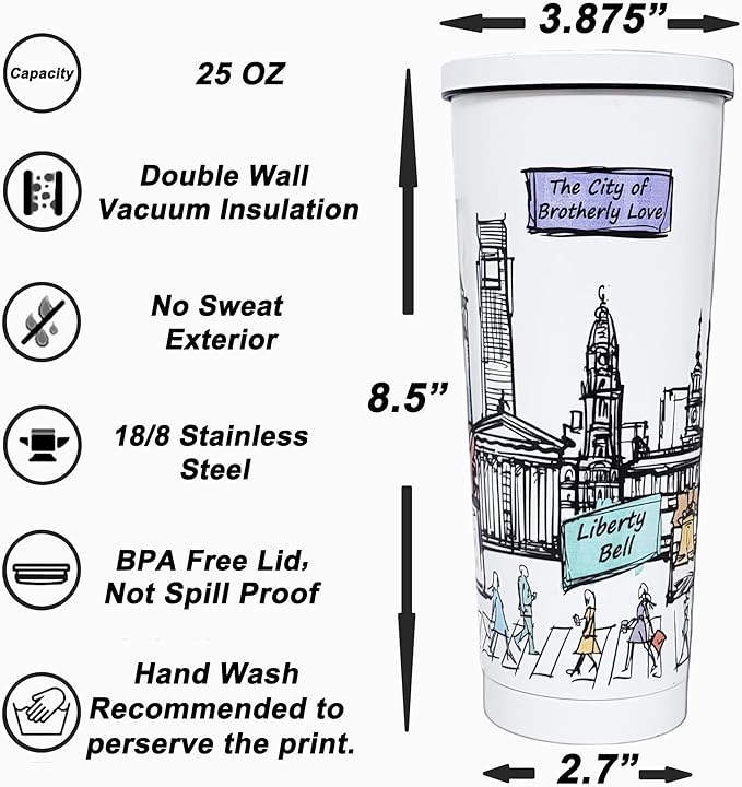 Cities Around the World 25 Oz Tumbler Series- Designed in the USA- Vacuum Insulated Tumbler with Lids Straw - Stainless Steel Coffee Water Travel Mug, Cup for Hot Cold Drink (Philadelphia)