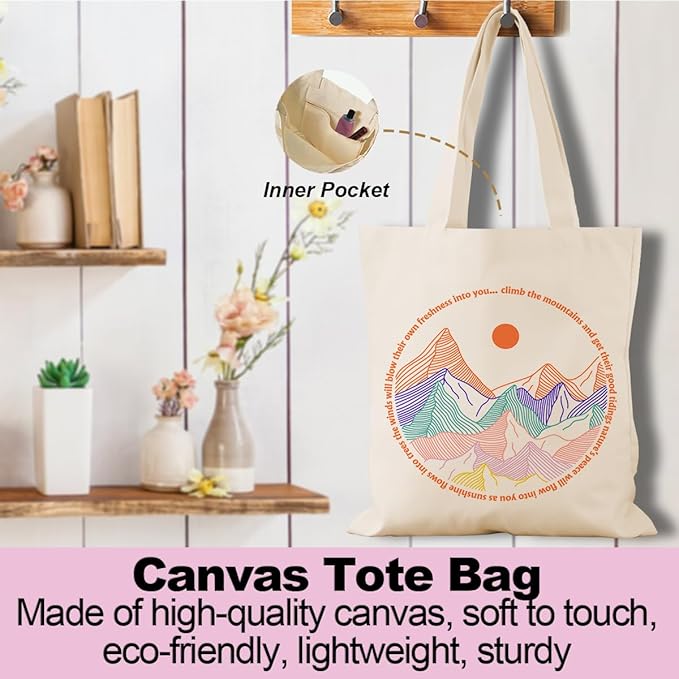 jeilink Cute Mountain Adventure Sunshine Canvas Tote Bag Camping Gifts Weekender Grocery Bags for Women Girls